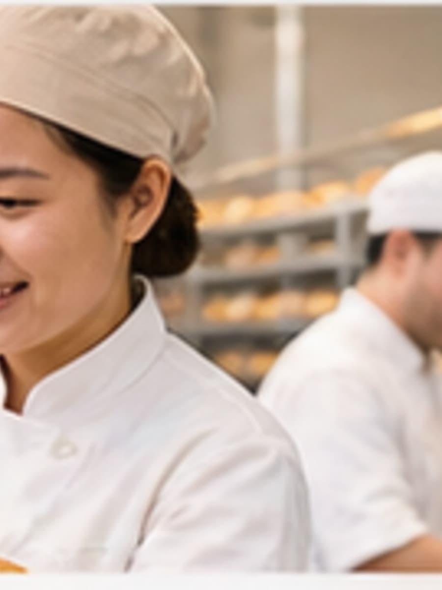 Bäckermeister und Nachwuchskraft prüfen die Backwaren