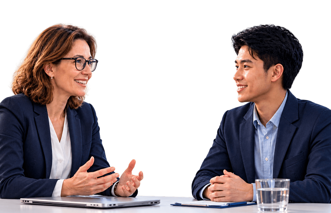 Beraterin und Kandidat im Gespräch